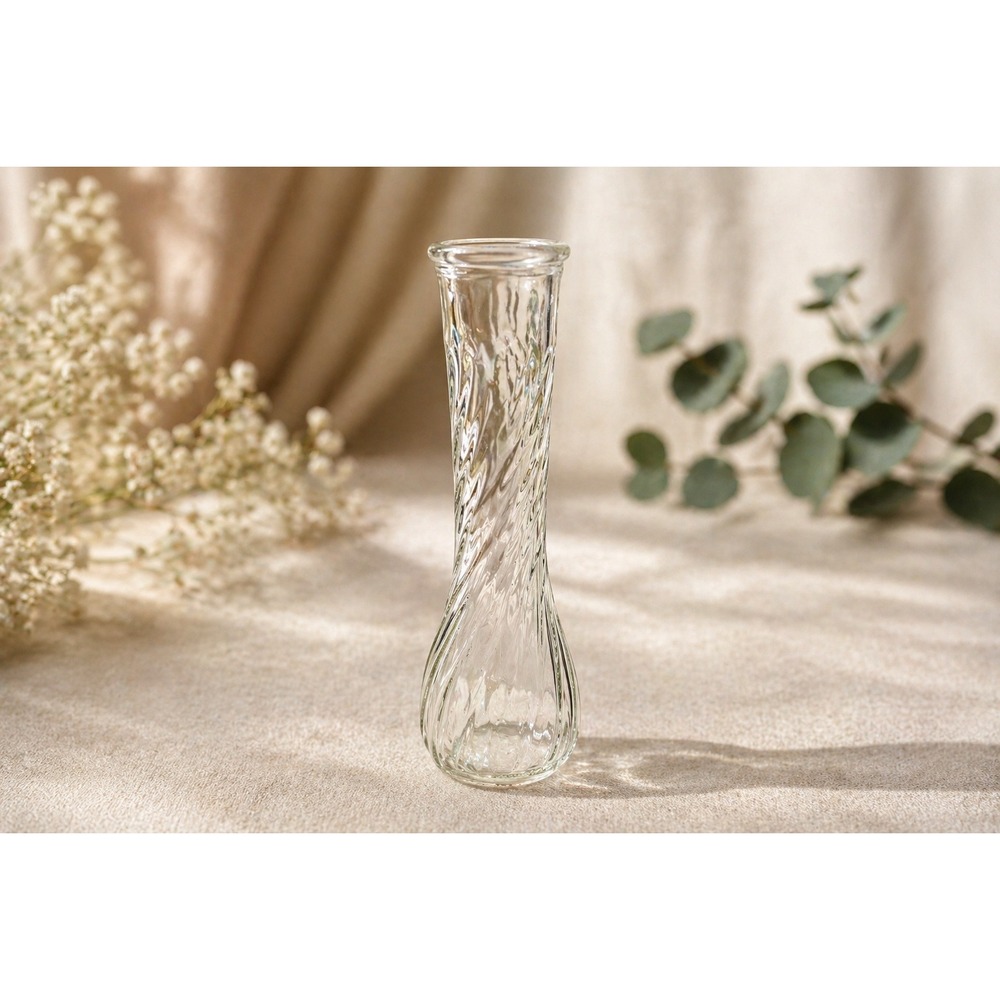 Vintage Clear Glass Spiral Bud Vase Ribbed Swirl Design 9 Inch Tall‎ Home Decor